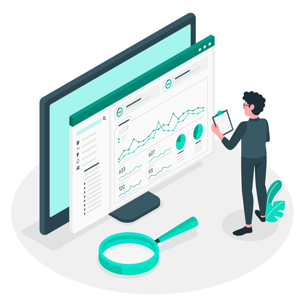 an illustration showing a person looking at analytical charts